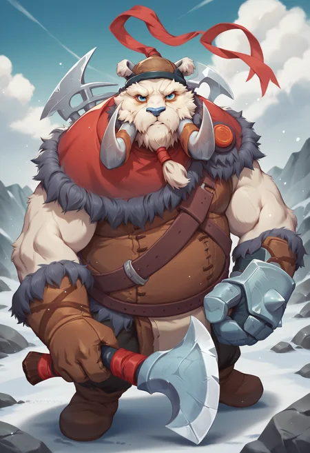 score_9, score_8_up, score_7_up, score_6_up, score_5_up, score_4_up, BREAK, tuskpdxl, tusks, gloves, coat, rock fist, hat, red ribbon, white fur, 1boy, male focus, solo, plump, furry male, furry, beard, facial hair, outdoors, igloo, friendly, blue eyes, <lora:YmirTheTusk:0.75>, axe, holding axe, looking at viewer