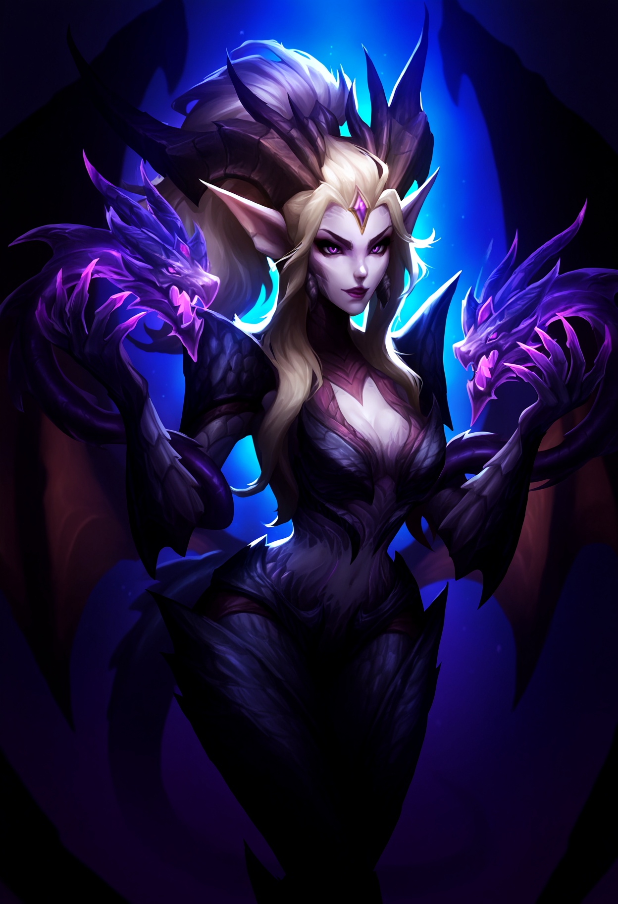 high quality, newest, highres, 
dsz, league of legends, solo,looking at viewer, purple eyes, long hair, breasts,  blonde hair, navel, cleavage, medium breasts,tail, ponytail,  wings, horns, pointy ears, monster girl, claws, dragon girl, dragon, scales, dragon pets, dragon tentacles, forehead jewel