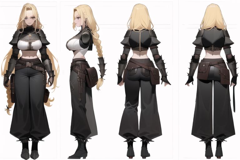 ((chara-sheet, multiple views, full body, front, back)), <lora:Turnaround:1:INALL>, ((1women, solo)), ((masterpiece: 1.4, perfect face, best quality: 1.2)), ultra highly detailed, ((hazel eyes, eyeliner, eyelashes, detailed eyes, sexy eyes)), <lora:BarbarianT-18:0.8>, BarbarianT, ((muscular female, slim body builder, showcase bare muscular abs, muscular arm with viking tattoo)), ((shiny armor, large pauldrons, faulds, bracers, armor greaves)), ((wide puffy sleeves, quilted sleeves)), ((quilted crop top, large breasts, cleavage)), ((wide baggy pants trousers, red multicolored striped pants)), green and brown clothes, ((tassel belt accessories, lion cloths)), ((brown leather hip belt, pouch on right side of hip belt, sword on left side of hip belt)), leather gloves, fur trim, leather boots, devilish grin, warrior face paint, scars ((delicate hair details, blonde hair, large spiky hairstyle, very long hair, many long hair braids, crossed_bangs)), nordic, fantasy aesthetic, brown tones, (2d saturated colors), fine details, ((simple background, white background)), charactersheet, reference sheet