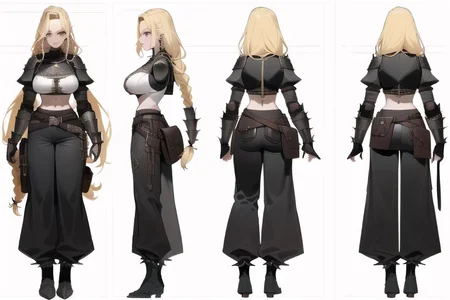 ((chara-sheet, multiple views, full body, front, back)), <lora:Turnaround:1:INALL>, ((1women, solo)), ((masterpiece: 1.4, perfect face, best quality: 1.2)), ultra highly detailed, ((hazel eyes, eyeliner, eyelashes, detailed eyes, sexy eyes)), <lora:BarbarianT-18:0.8>, BarbarianT, ((muscular female, slim body builder, showcase bare muscular abs, muscular arm with viking tattoo)), ((shiny armor, large pauldrons, faulds, bracers, armor greaves)), ((wide puffy sleeves, quilted sleeves)), ((quilted crop top, large breasts, cleavage)), ((wide baggy pants trousers, red multicolored striped pants)), green and brown clothes, ((tassel belt accessories, lion cloths)), ((brown leather hip belt, pouch on right side of hip belt, sword on left side of hip belt)), leather gloves, fur trim, leather boots, devilish grin, warrior face paint, scars ((delicate hair details, blonde hair, large spiky hairstyle, very long hair, many long hair braids, crossed_bangs)), nordic, fantasy aesthetic, brown tones, (2d saturated colors), fine details, ((simple background, white background)), charactersheet, reference sheet