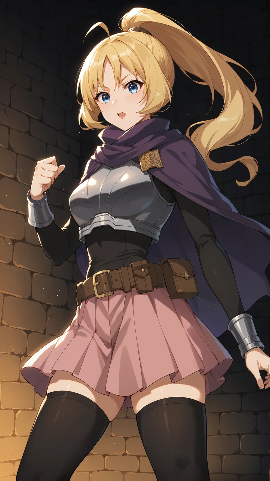 score_9,score_8_up,score_7_up,score_6_up, <lora:xl_more_art-full_v1:0.5>, source_anime, girl, dynamic pose, arm at her side, <lora:Rina Rupaage - Pony-000004:0.8>, long hair, blonde hair, ponytail, ahoge, blue eyes, purple cape, breastplate, black sleeves, belt, pink skirt, short skirt, pleated skirt, black thighhighs, castle, dungeon, masonry, dark room, darkness, shadows,