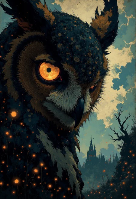 digital art by Adam Martinakis, Goro Fujita and Filip Hodas, Illustration, a close up image of the face of an owl, the reflection on the eyes shows a netherworld, Surrealism, digital manipulation, ethereal landscapes, Concept art, VR painting, imaginative worlds, whimsical characters, digital illustration, Sci-fi digital art, dystopian landscapes, surreal compositions, vibrant colors, dynamic dramatic atmosphere, dynamic cinematic color, flowing, best, unique
