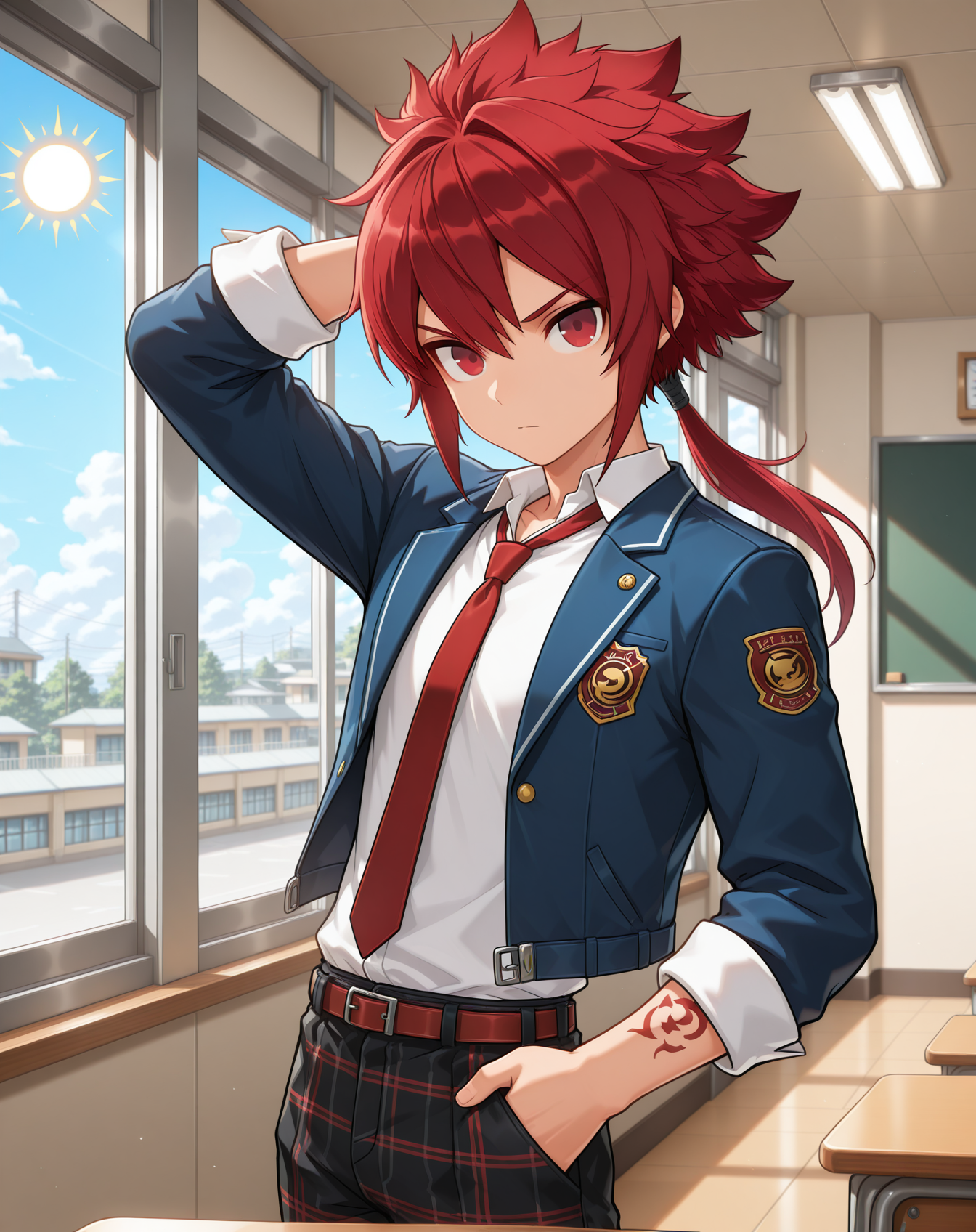 masterpiece,best quality,amazing quality, newest, very aesthetic, absurdres,
1boy, solo, yaoi, male focus, looking at viewer, cowboy shot,
 <lora:Elsword_Rune_Slayer_ilxl:1> elswordrs, red hair, red eyes, arm tattoo, spiked hair, ponytail, long hair,
school uniform, white shirt, collared shirt, blue jacket, red necktie, black pants, plaid pants,
indoors, school, hallway, window, day, sun,