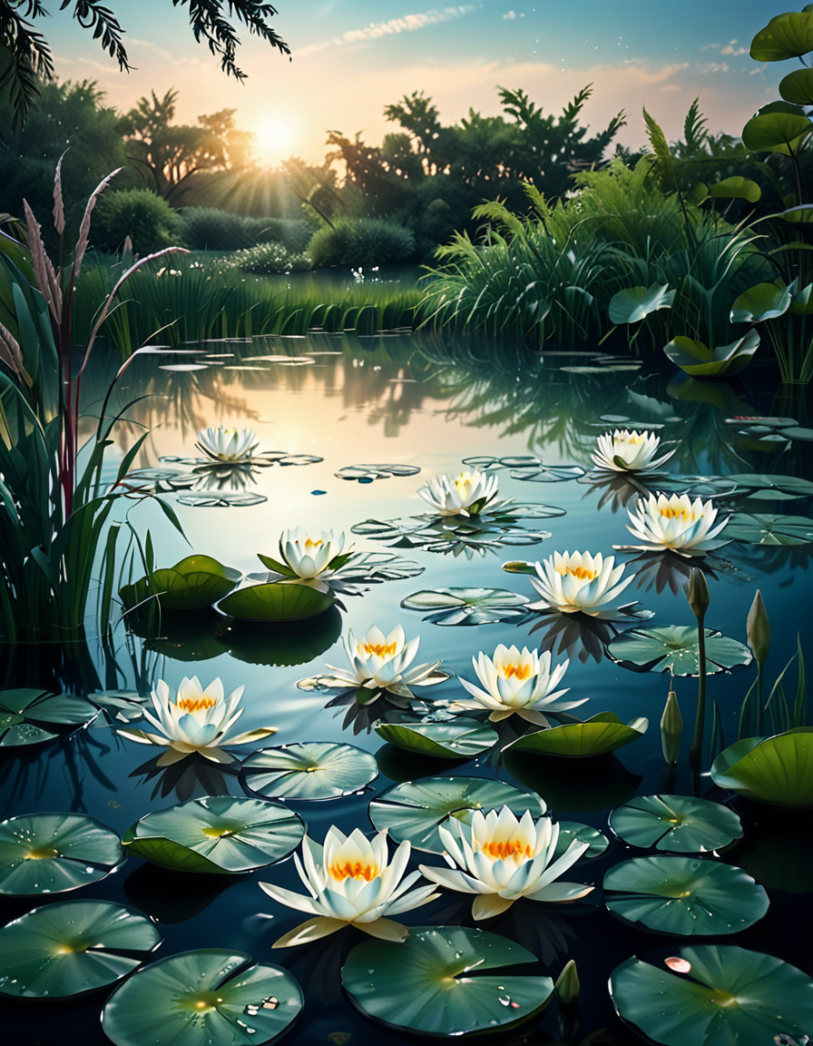 A highly detailed and realistic photograph of a serene lily pond surrounded by lush greenery. The calm water reflects the soft sunlight filtering through the overhanging trees. The surface is adorned with vibrant green lily pads, some with delicate pink and white water lilies in full bloom. A few dragonflies hover above the water, their wings catching the light. Gentle ripples create subtle distortions in the reflection of the sky and foliage. In the background, a dense array of reeds and aquatic plants frame the pond, adding depth and texture. The soft golden glow suggests late afternoon or early evening, enhancing the tranquil and picturesque atmosphere. The composition is balanced, drawing the viewerâs eye toward the natural beauty of the water lilies and their intricate details.
 <lora:SDXLFaeTastic2400:0.4> <lora:extremely_detailed:0.4> extremely detailed,<lora:lily_p0nd:1>,lily p0nd, Masterpiece,best quality,hi res,8k,hi res,8k,award winning,(sharp focus, intricate, highly detailed),