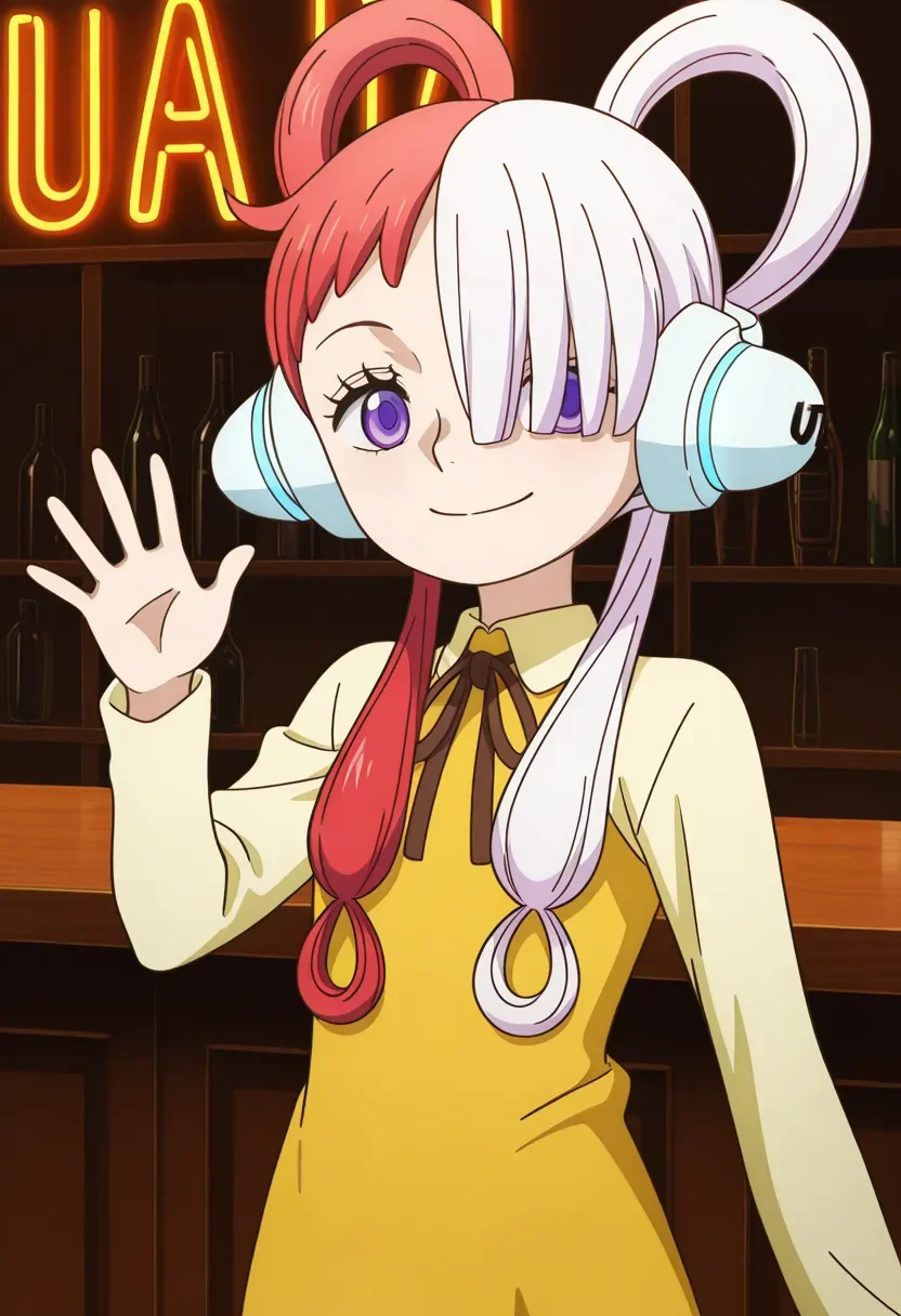 1girl, uta_\(one_piece\), red hair, white hair, multicolored hair, hair rings, low twintails, hair over one eye, purple eyes, headphones, yellow dress, 
little smile, closed mouth, looking at viewer, standing, cowboy shot, looking at viewer, hand up, waving, general, 
indoors, bar, dark background, dark, neon lights, 
masterpiece, best quality, ultra-detailed, very aesthetic, illustration, perfect composition, intricate details, absurdres, official art, official style, source_anime, anime screencap, anime coloring, newest, intricate, hires textures, high detail, 4k, incredibly detailed, perfect anatomy, UHD, 8K, 
<> <lora:OP-uta_XL(ill01)v10d:1>