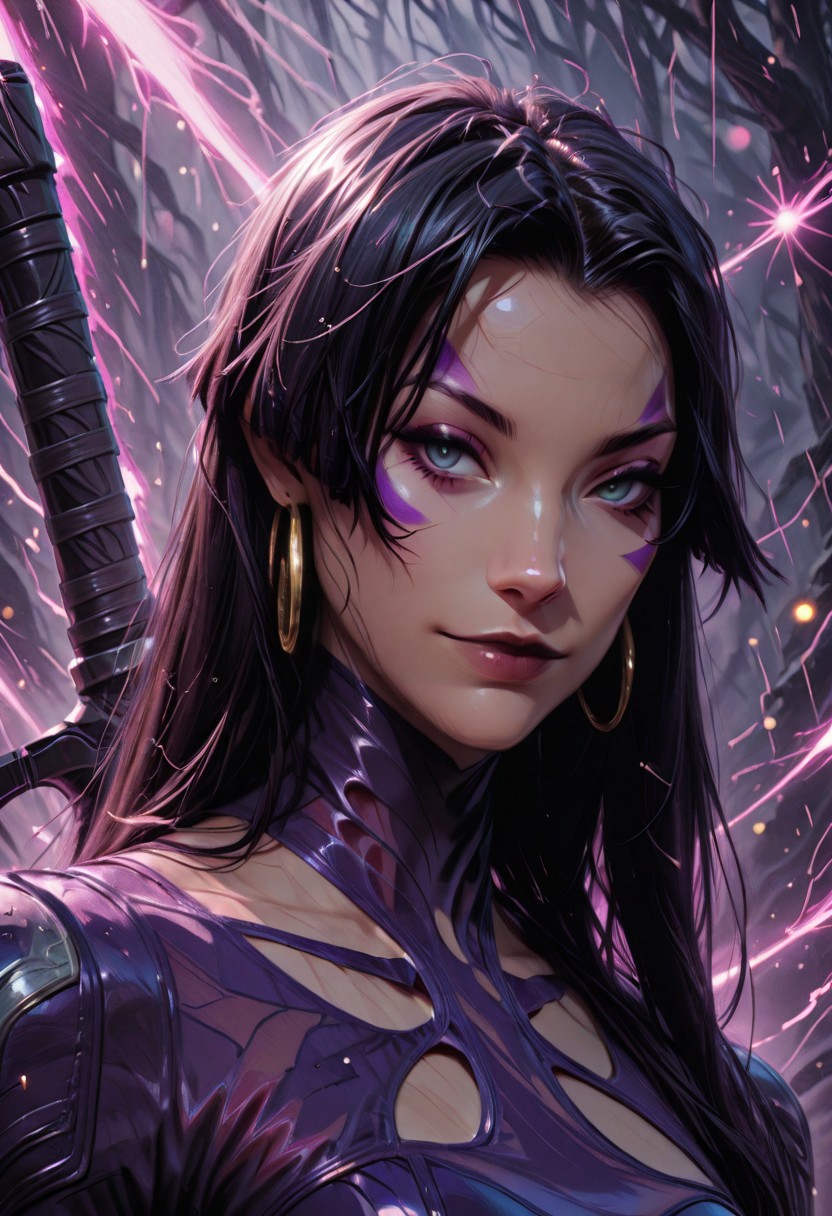 best quality, masterpiece, highly detailed, 
BREAK,
1girl. solo, psylocke_vengeance, blue eyes, black hair, straight hair, long hair, hoop earrings, jewelry, purple leotard, one side facepaint, weapon on back,  smirk, wet clothes, wet hair, wet scarf, 
BREAK,
face focus, close up, bokeh, raining, dark forest, valley background, violet mist, volumetric lighting, raytracing,