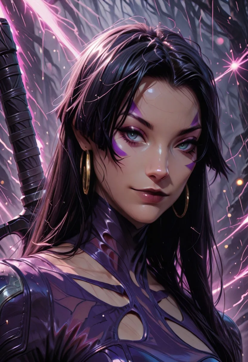 best quality, masterpiece, highly detailed,
BREAK,
1girl. solo, psylocke_vengeance, blue eyes, black hair, straight hair, long hair, hoop earrings, jewelry, purple leotard, one side facepaint, weapon on back, smirk, wet clothes, wet hair, wet scarf,
BREAK,
face focus, close up, bokeh, raining, dark forest, valley background, violet mist, volumetric lighting, raytracing,