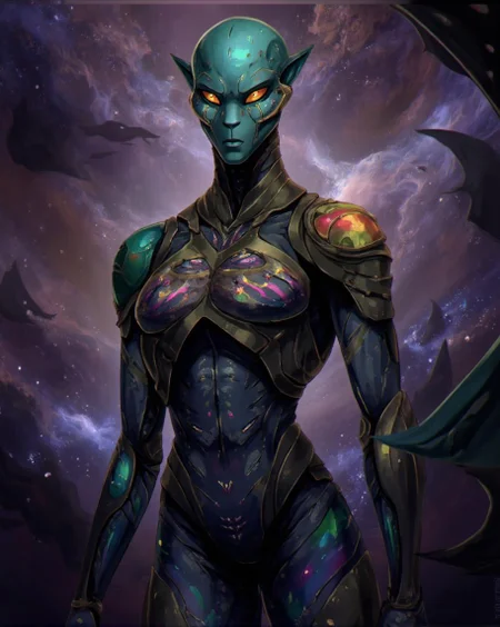 <lora:ck-LttleGhost-000011.safetensors:1> in the style of ck-lttlegh0stA futuristic humanoid alien stands amidst a swirling nebula, its elongated face aglow with glowing patterns and piercing yellow eyes. The segmented armor, shimmering in rainbow hues, wraps around its robust physique, exuding an aura of mystique. A soft front-lit angle highlights the regal presence, as stars and cosmic particles swirl behind it, drawing attention to the alien's imposing yet elegant form.