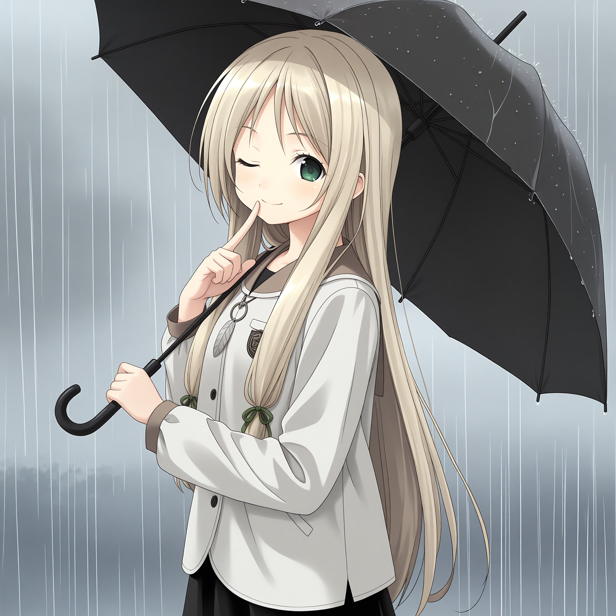 <lora:Falsita_Fawcett_1_nai-000046:1>,Falsita Fawcett,long sidelocks,hair ribbon,green ribbon,
long sleeves,white coat,brown sailor collar,brown sleeve cuffs,black shirt,zipper pull tab,feather ornament,buttons,black skirt,
1girl,solo,smile,looking at viewer,cowboy_shot,holding umbrella,black umbrella,rain,from side,one eye closed,finger to mouth,