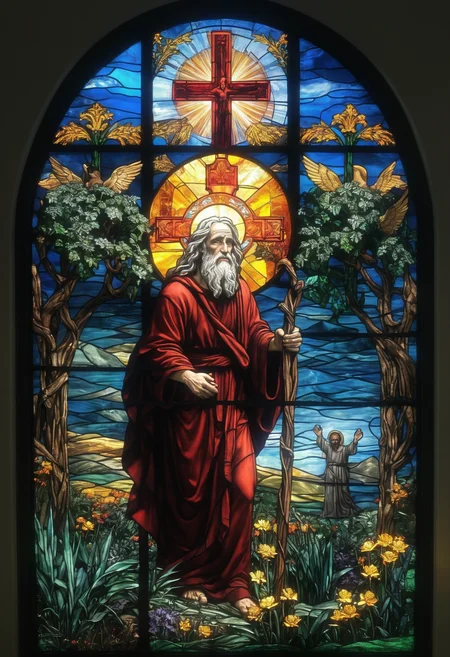 , stained glass window, religious, , crosses, biblical figures moses, Scratch Art 0.3&&gardens, soft, warm lighting