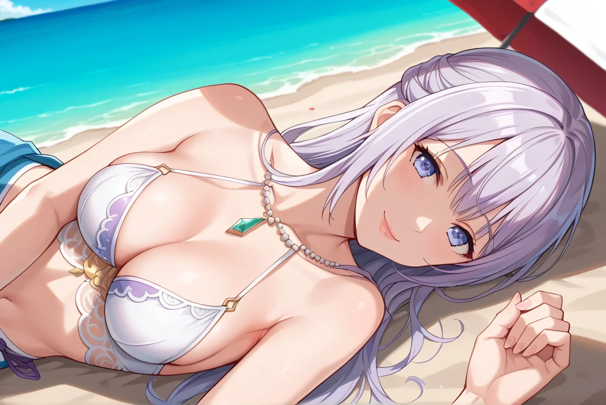 score_9, score_8_up, score_7_up, best quality, masterpiece, source_anime, anime screenshot, BREAK, 1girl, doafiona, long hair, purple hair, fionaswim <lora:fionadoa:1> , Lying on the side, one hand under the head, smile, happy, in beach