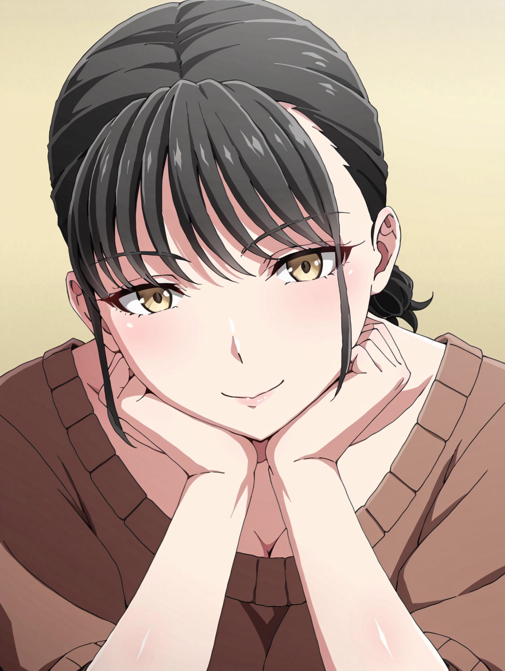<lora:shinsekiXL:1> hmilf,large breats,short hair,low ponytail,medium locks,bangs,yellow eyes,head rest, light smile, female pervert,looking at viewer,