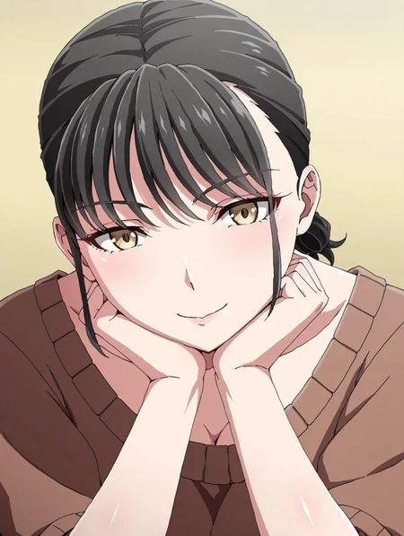 <lora:shinsekiXL:1> hmilf,large breats,short hair,low ponytail,medium locks,bangs,yellow eyes,head rest, light smile, female pervert,looking at viewer,