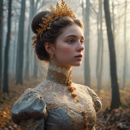 epiCRealism, masterpiece, highly detailed, one girl in a extremely detailed Victorian dress, lace and embroidery with golden leaves and pearls, hair made in a high bun, she walks alone through a late autumn forest in a cold morning, the Sun has just risen and timid sun-rays pierce the autumn leafs and reaches the early mist that clings to the earth, time stands still while early snowflakes falls from a grey sky