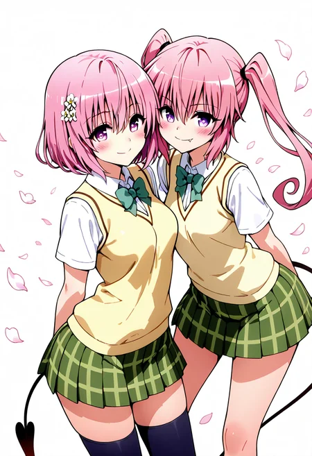 masterpiece, best quality, 2girls, hug, blush, smile, looking at viewer, momo velia deviluke, demon tail, solo, white background, leaning forward, looking at viewer, standing, blush, smile, pink eyes, pink hair, short hair, hair flower, black thighhighs, green skirt, plaid skirt, pleated skirt, school uniform, shiny clothes, sweater vest, white shirt, yellow vest, bowtie, short sleeves, zettai ryouiki, arms behind back, miniskirt, petals, white flower plaid clothes, nana asta deviluke, fang, long hair, pink eyes, pink hair, tail, short twintails, green skirt, plaid, plaid skirt, sainan high school uniform, school uniform, skirt, shirt, white shirt, sweater vest, yellow sweater vest, dynamic pose, foreshortening, very narrow waist, wide hips, ,<lora:ToLoveRu_Style_NAI:1.0>,