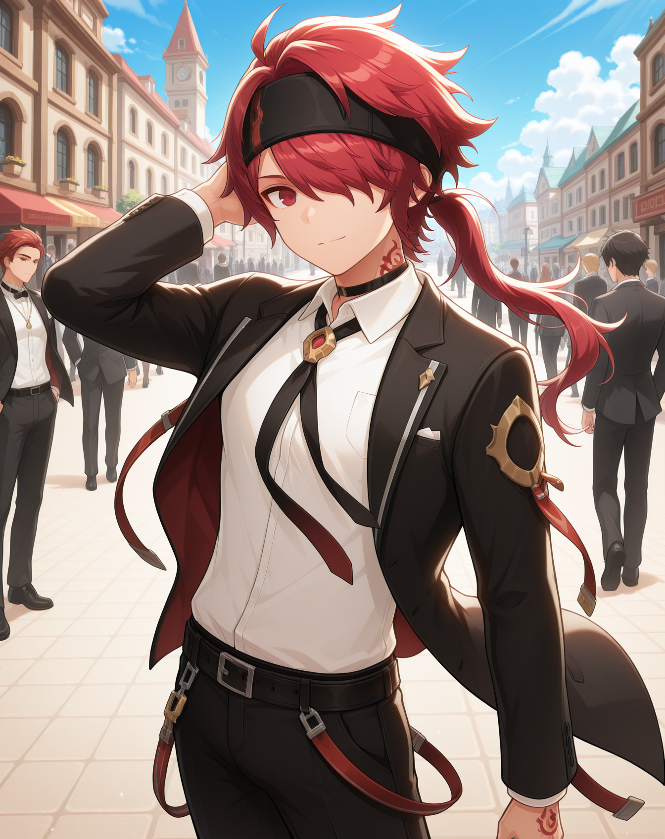 masterpiece,best quality,amazing quality, newest, very aesthetic, absurdres,
1boy, solo, yaoi, male focus, looking at viewer, cowboy shot, standing,
<lora:Elsword_Rune_Master_ilxl:1> elswordrm, red hair, long hair, tattoo,red eyes, ponytail, headband, hair over one eye, hairband,
formal, tuxedo, neck ribbon, white shirt, collared shirt, black pants, shoes, black footwear, suit jacket, black jacket,
outdoors, day, blue sky, building, people,