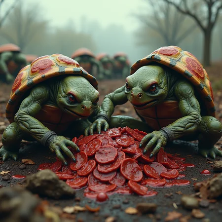 A hauntingly vivid scene unfolds: a desolate battlefield, ravaged by the unrelenting hunger of humanoid cannibal turtles. Amidst the carnage, these ghoulish creatures feast on a gruesome pile of human entrails, their pizza-pepperoni- patterned shells glistening with malevolent intent. The once-living now lie motionless, victims of the turtles' insatiable appetite. Blood-soaked earth and torn uniforms provide a stark backdrop for this grotesque display of gluttony and violence.