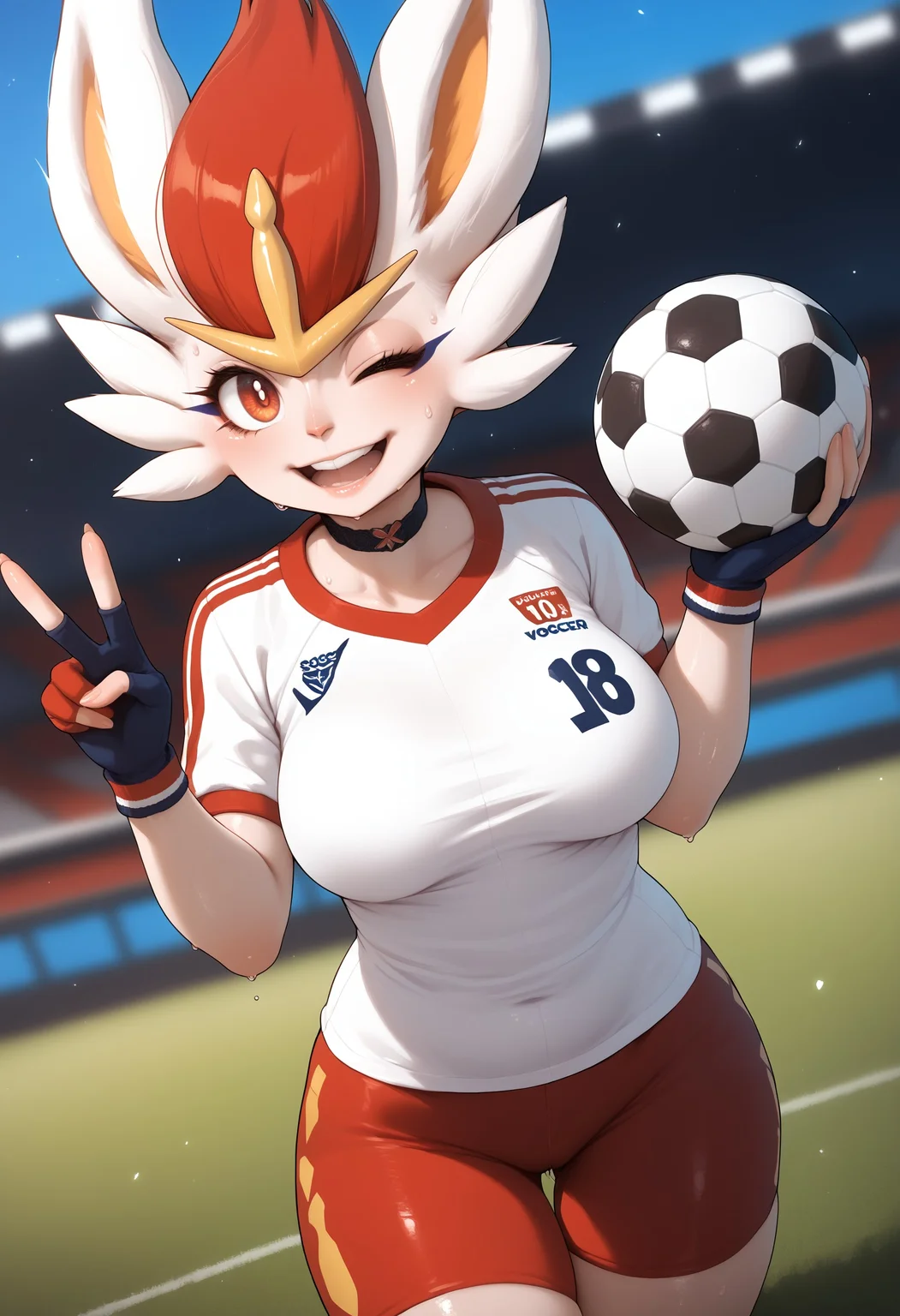 score_9, score_8_up, score_7_up, score_6_up, source_anime, source_furry, soccer field, godrays, ((particles)), blurry, dutch angle,
BREAK
(1girl), mature female, cinderace, (sweat, shiny skin, dripping sweat, sweatdrop), looking at viewer, smug, smug smile, open mouth, wink, (v sign, holding soccer ball), teeth, soccer uniform, shorts, gloves, choker, (curvy, large breasts), thigh gap, 
<lora:5b7dead8-0d27-4213-a698-0348d326732e:5.0> , , <lora:49012aa3-0b5e-40ae-97b8-b9a76a2f1e7b:1.0>, <lora:0822f1bc-be9c-42f2-a563-5e7c17e10639:0.6>, <lora:4b571537-d57c-4d84-9d24-d39fcf54c682:0.5>
