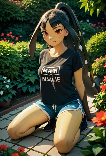 zPDXL3, score_9, score_8_up, score_7_up, score_6_up, score_5_up, score_4_up, 1girl, solo, medium breasts,
grimace, kneeling, t-shirt, lowleg shorts, garden,
pkmaw,