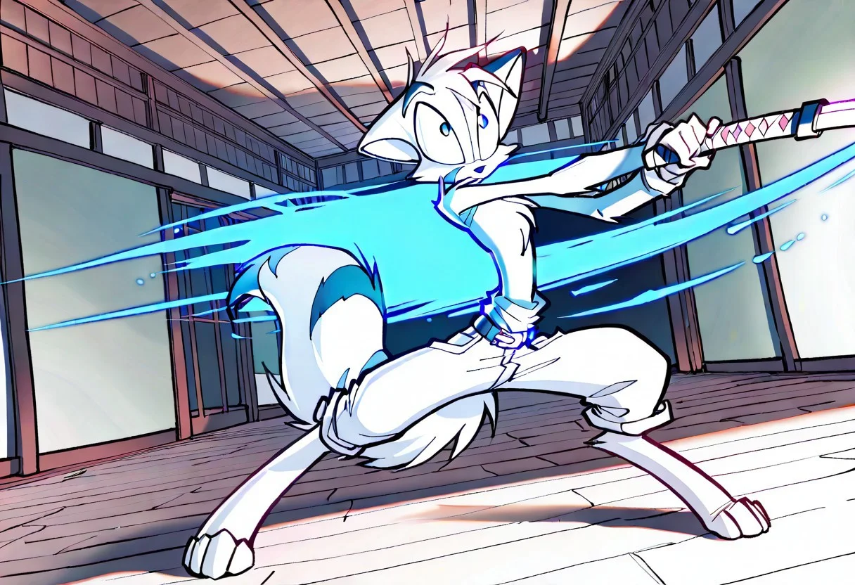 Mace, Dreamkeepers, 1boy, anthropomorphic, feline-like, white fur, spiky hair, masterpiece, best quality, chest fur, <lora:Dreamkeepers_Mace_Illustrious:0.8>, indoors, pants
,masterpiece, best quality, amazing quality, male, score_9, score_8_up, score_7_up, solo, no text, high detailed, high quality, masterpiece, no text, quality highlights, 8k detail, detailed background, ultra-detailed, high quality, vibrant darker colors, best quality, rendering, high resolution, best render quality, standing, facial features, white skin, Japanese temple, medium bushy tail, male, detailed hair, narrow shoulders, one tone torso, two tone face, two tone tail, sexy, vibrant details, fluffy fur, blue eyes, wide curves, black nose, Blue robe, katana, calm expression, swinging sword, bloody sword, action lines, in the air, cutting through enemies, swinging around katana, badass, flowing wind,