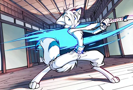 Mace, Dreamkeepers, 1boy, anthropomorphic, feline-like, white fur, spiky hair, masterpiece, best quality, chest fur, <lora:Dreamkeepers_Mace_Illustrious:0.8>, indoors, pants
,masterpiece, best quality, amazing quality, male, score_9, score_8_up, score_7_up, solo, no text, high detailed, high quality, masterpiece, no text, quality highlights, 8k detail, detailed background, ultra-detailed, high quality, vibrant darker colors, best quality, rendering, high resolution, best render quality, standing, facial features, white skin, Japanese temple, medium bushy tail, male, detailed hair, narrow shoulders, one tone torso, two tone face, two tone tail, sexy, vibrant details, fluffy fur, blue eyes, wide curves, black nose, Blue robe, katana, calm expression, swinging sword, bloody sword, action lines, in the air, cutting through enemies, swinging around katana, badass, flowing wind,