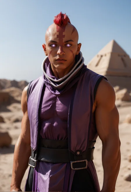 anti_mage_v1, 1boy,
dark skin, dark-skinned male,
muscular, muscular male,
mohawk,red hair, bald,
scar,
purple eyes, no pupils, blank eyes,
facial marks,
sleeveless, purple cloth
<lora:anti_mage_V1:1>, score_9, score_8_up, score_7_up, score_6_up, derpibooru_p_95,
detailed eyes, beautiful, detailed background, perfect eyes,
blur censor, blurry, blurry background, blurry foreground, bokeh, motion blur,
chromatic aberration, depth of field, figure, focused, focus
photography, realistic sun light and shadows, photorealism, UHD --ar 9:16 --style raw --stylize 700,
solo,
desert,outdoors,pyramid, (suggestive pose:1.1),
