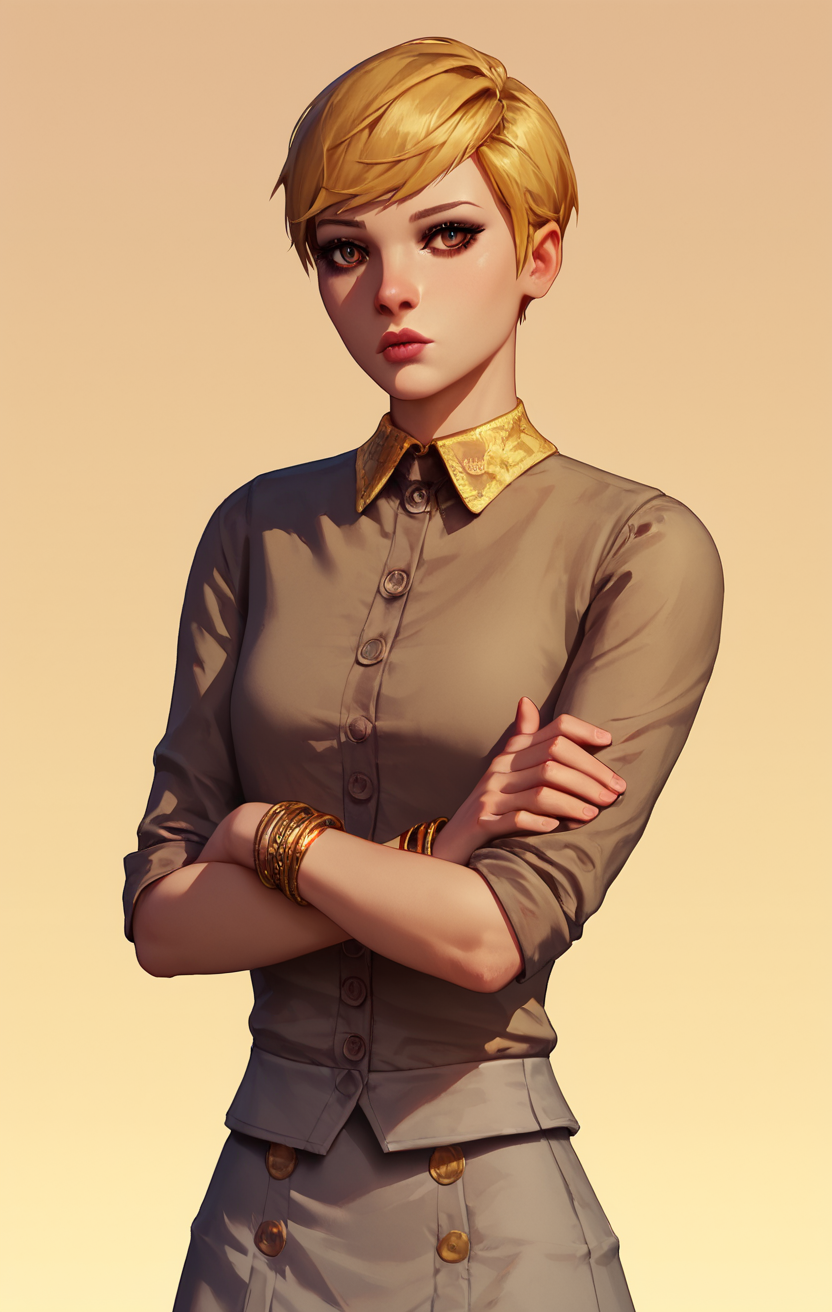 score_9, score_8_up, score_7_up, Masterwork, VictoriaChase, 1girl, solo, crossed arms, short hair, skirt, blonde hair, jewelry, bracelet, buttons, lips, grey skirt, brown eyes, skirt, gradient background, expressiveh
 <lora:Victoria_Chase_Life_is_Strange_Pony:1> <lora:Expressive_H:1>