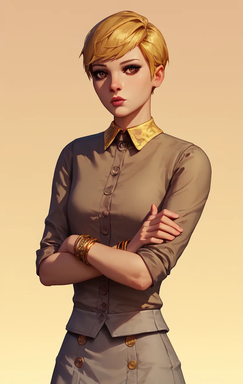 score_9, score_8_up, score_7_up, Masterwork, VictoriaChase, 1girl, solo, crossed arms, short hair, skirt, blonde hair, jewelry, bracelet, buttons, lips, grey skirt, brown eyes, skirt, gradient background, expressiveh
 <lora:Victoria_Chase_Life_is_Strange_Pony:1> <lora:Expressive_H:1>