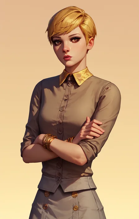 score_9, score_8_up, score_7_up, Masterwork, VictoriaChase, 1girl, solo, crossed arms, short hair, skirt, blonde hair, jewelry, bracelet, buttons, lips, grey skirt, brown eyes, skirt, gradient background, expressiveh
<lora:Victoria_Chase_Life_is_Strange_Pony:1> <lora:Expressive_H:1>