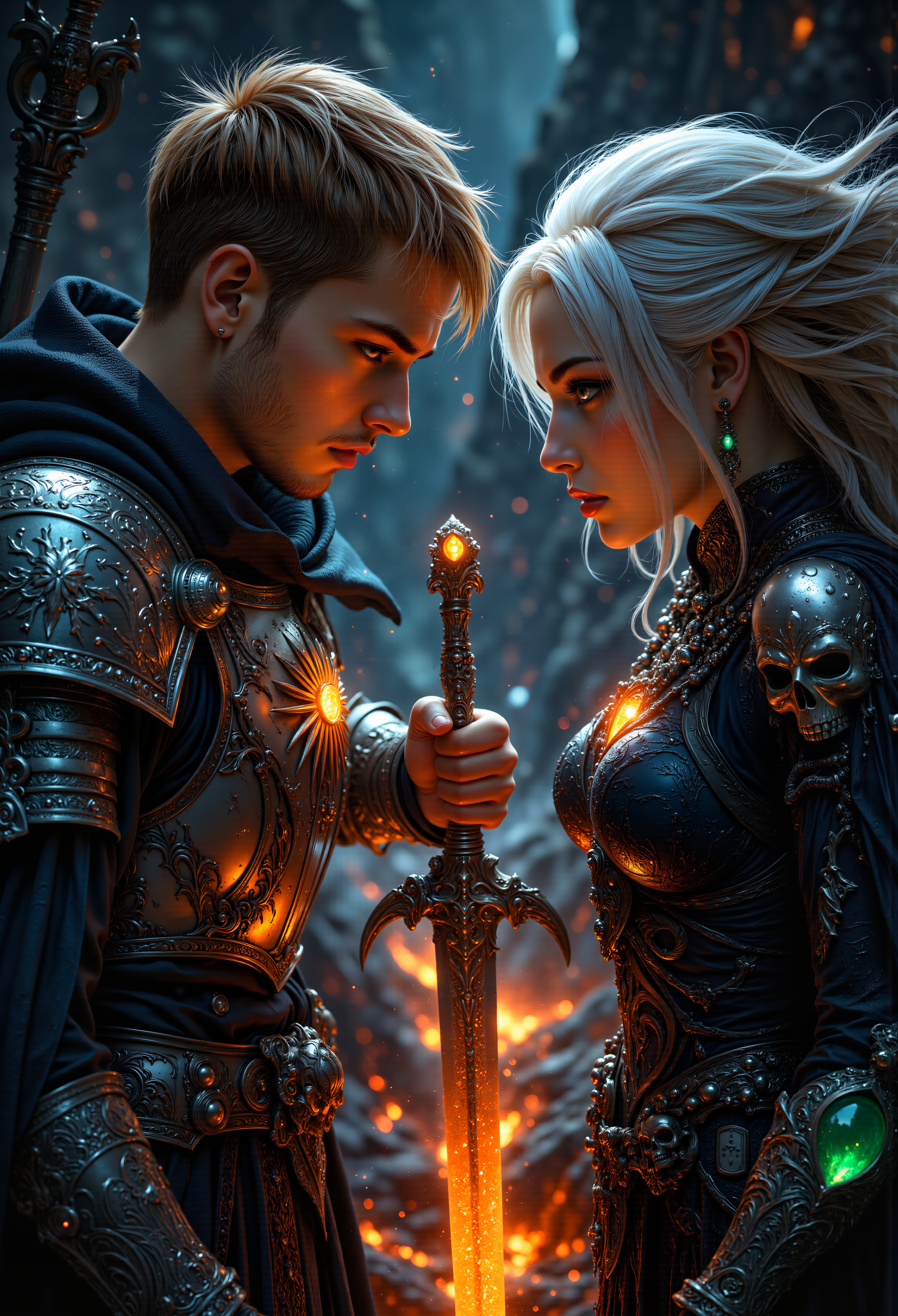 A hyper-realistic portrait, photorealistic photo close-up image of A close-up portrait of a young, male human paladin with short, neatly trimmed blonde hair and piercing blue eyes, clad in shining silver plate armor emblazoned with a radiant sun emblem. He grips his sword tightly, the blade glowing with divine light, as he faces an older, female drow necromancer with long, flowing white hair, her crimson eyes filled with malice. She wears a dark, tattered robe with silver skull motifs and holds a staff topped with a glowing green crystal. They are locked in a tense standoff on a narrow ledge overlooking a sea of molten lava in an underground cavern. The glow from the lava casts eerie shadows, emphasizing the stark contrast between their light and dark natures. (fantasy, dramatic lighting, intense expressions, high detail, contrasting characters) (photography, high-resolution, dynamic, energetic,hyper-realistic, dramatic lighting, shallow depth of field.), detailmaximizer, MythP0rt<lora:midjourney_whisper_flux_lora_v01:0.55><lora:aidmaMJ6.1-FLUX-V0.1:0.4><lora:FluxMythP0rtr4itStyle:0.4><lora:detailed_flux_ntc:2.2><lora:aidmaImageUpgrader-FLUX-V0.1:0.65>
