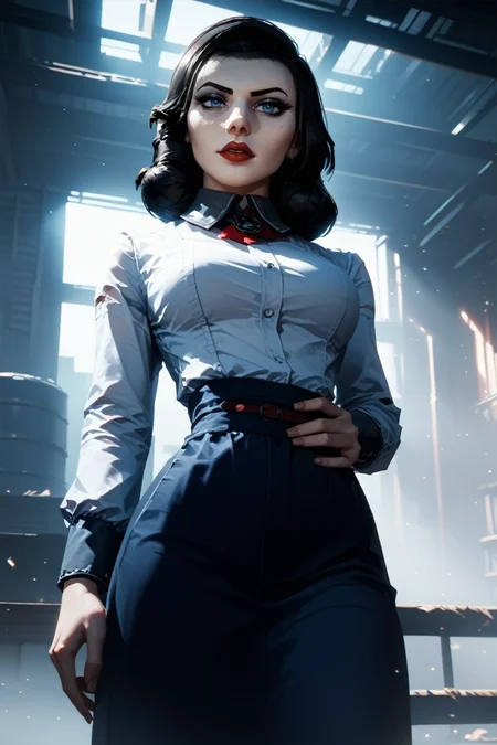 score_9, score_8_up, score_7_up, score_6_up
<lora:BioshockBurialElizabeth:0.8>
BioshockBurialElizabeth, 1girl, black hair, blue eyes, looking at viewer, fierce gaze, standing tall, hands on waist, leaning back slightly, industrial warehouse, dramatic lighting, dust particles
