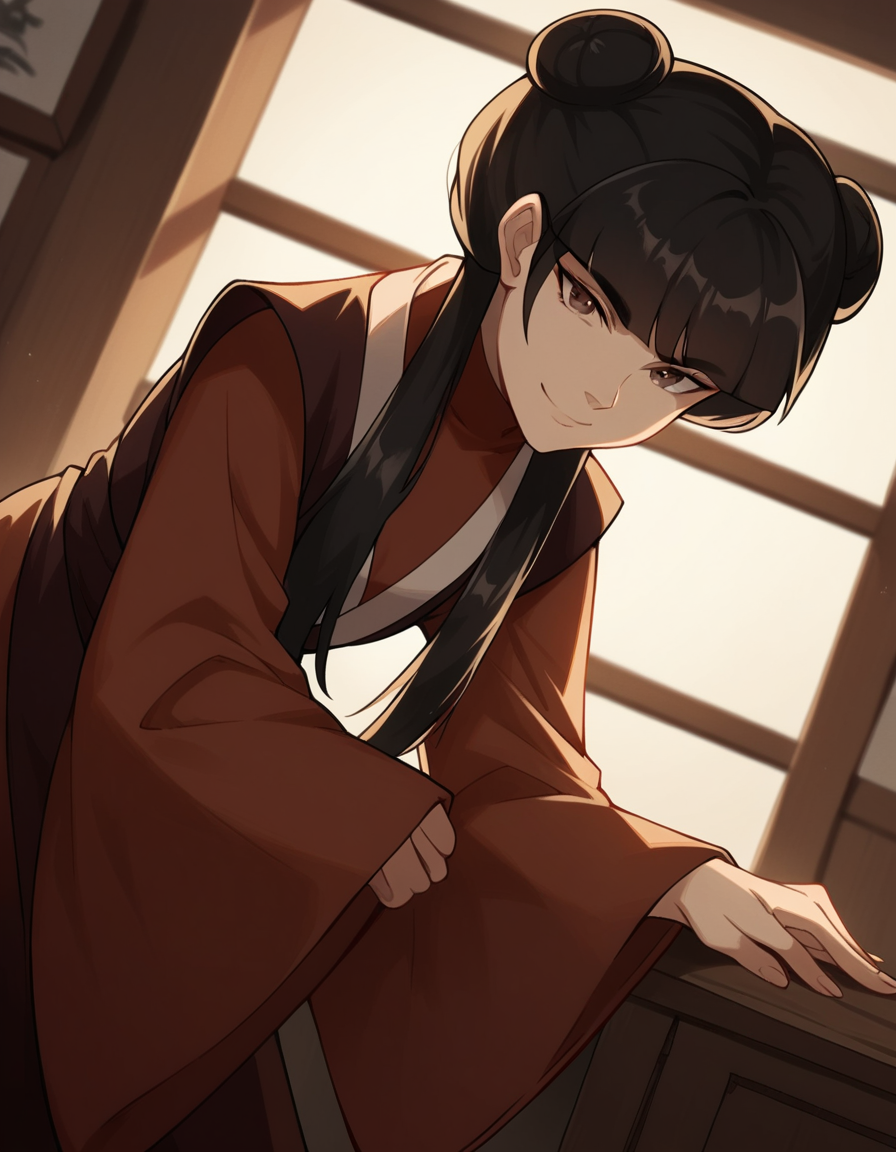 score_9, score_8_up, score_7_up, source_anime, <lora:mai-book2-ponyxl-lora-nochekaiser:1>, mai, sidelocks, long hair, black hair, lunt bangs, hair bun, double bun,, chinese clothes, turtleneck, long sleeves, wide sleeves,, indoors, bent over, smile, looking at viewer, solo, cowboy shot, dutch angle