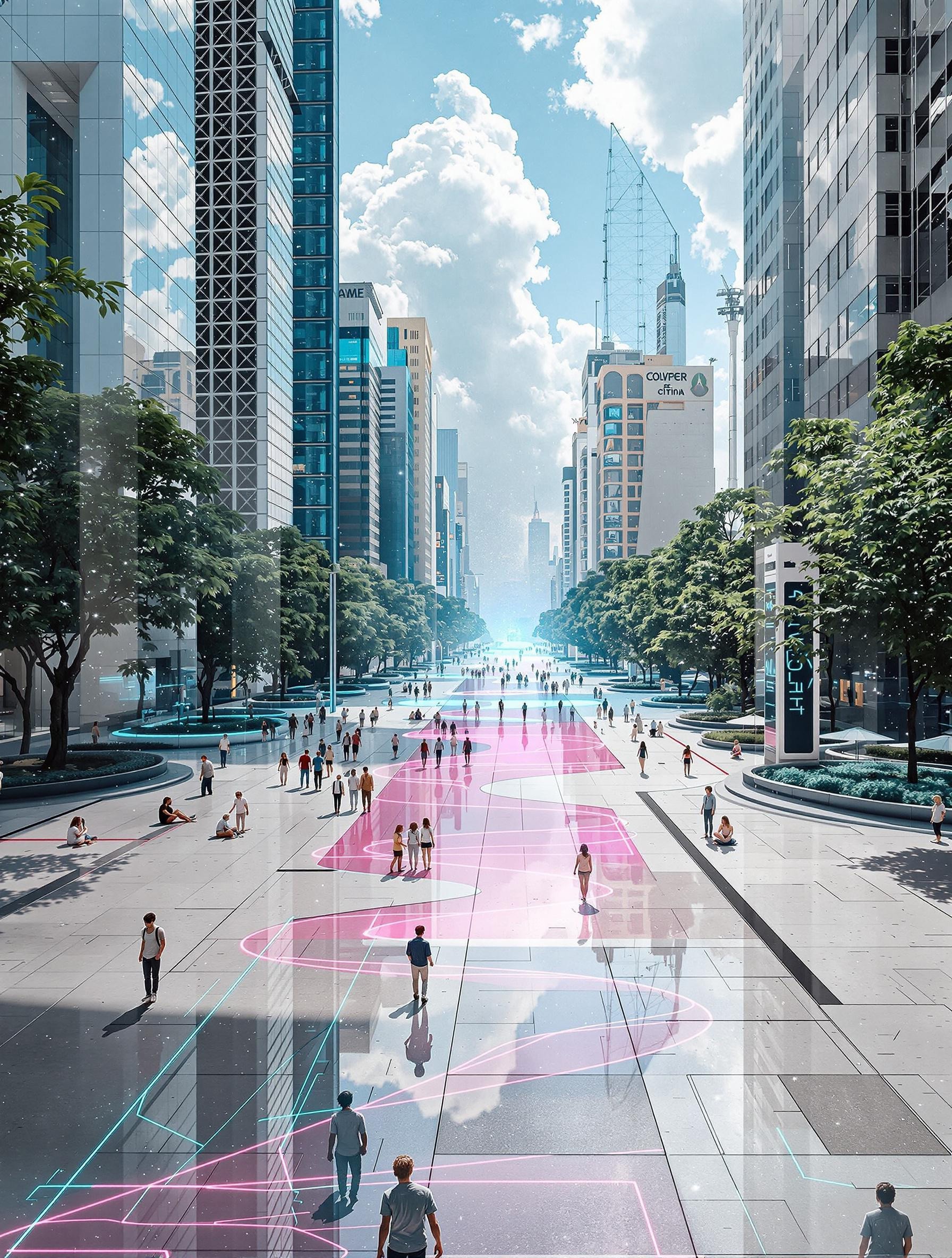 double exposure, superimposition, stylish techno city, marble, glass, neon blue glow from inside, transparent, minimalism, pink river, many people, fractals, glare, professional photoshoot