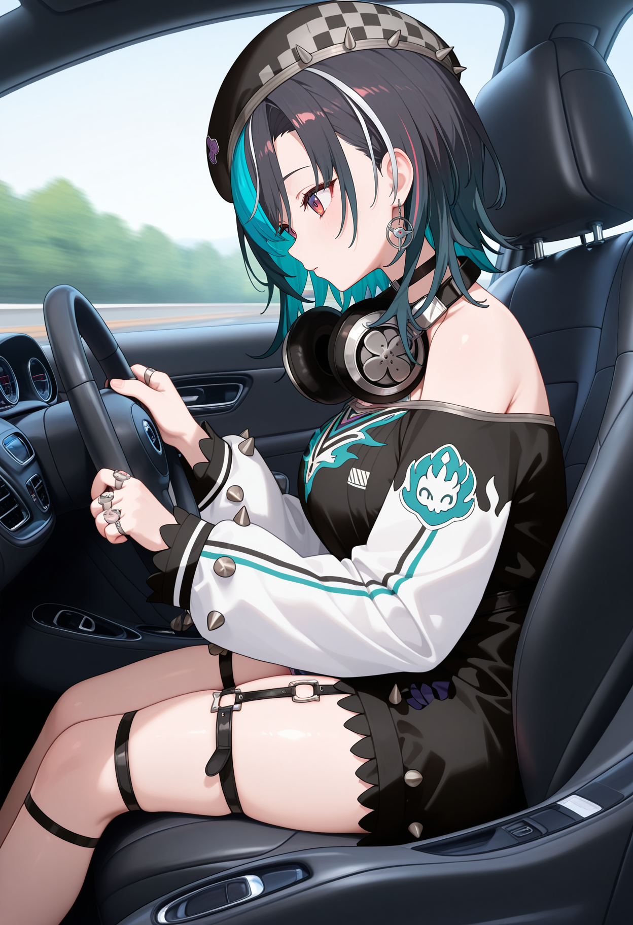 best quality, masterpiece, 1girl, aachihaya, medium hair, multicolored hair, black hair, beret, black headwear, earrings, red eyes, headphones around neck, black choker, off shoulder, black dress, long sleeves, ring, single garter strap, thigh strap, <lora:rindo_chihaya_ilxl_v1:0.9>, driving, car interior, steering wheel, from side,