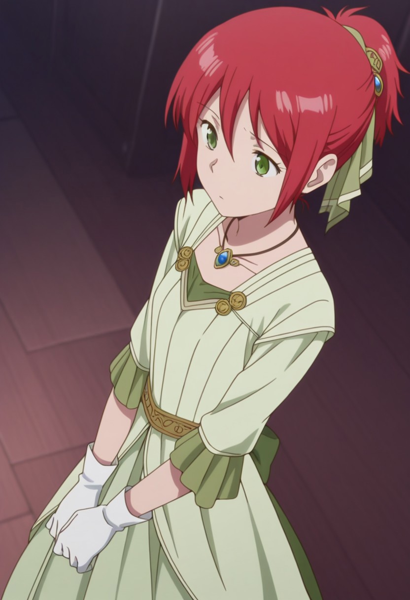 masterpiece,best quality,amazing quality, source_anime, 
shirayuki,1girl, solo, green eyes, red hair, short hair, short ponytail, ribbon, hair ribbon, hair ornament, jewelry, necklace, dress, light green dress, gloves, white gloves,