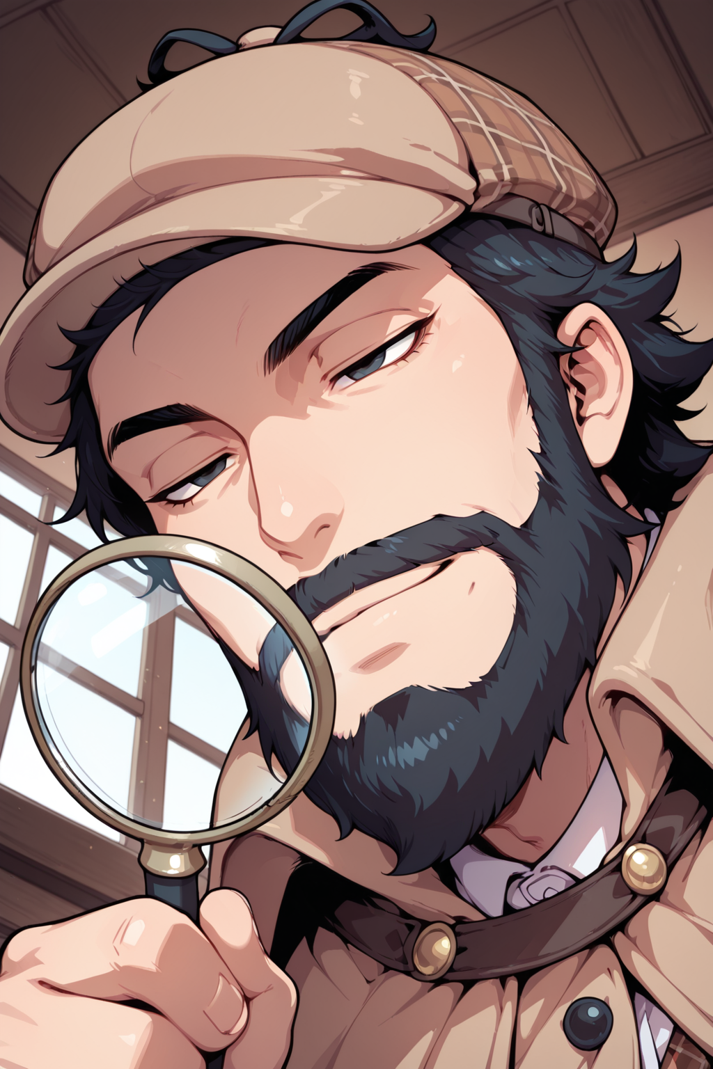 masterpiece, amazing quality, best quality, face closeup, 
1boy, solo, detective hat, beard, squinting, looking into magnifying glass, detective hat, indoors, low angle, foreshortening