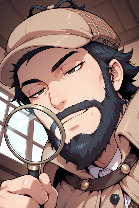 masterpiece, amazing quality, best quality, face closeup, 
1boy, solo, detective hat, beard, squinting, looking into magnifying glass, detective hat, indoors, low angle, foreshortening