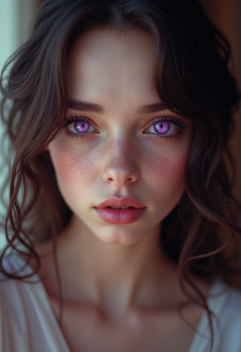 hyperrealistic digital painting by Stanley Artgerm and Jeremiah Ketner, shallow depth of field, bokeh, incredibly detailed, real, photshoot, woman with purple eyes