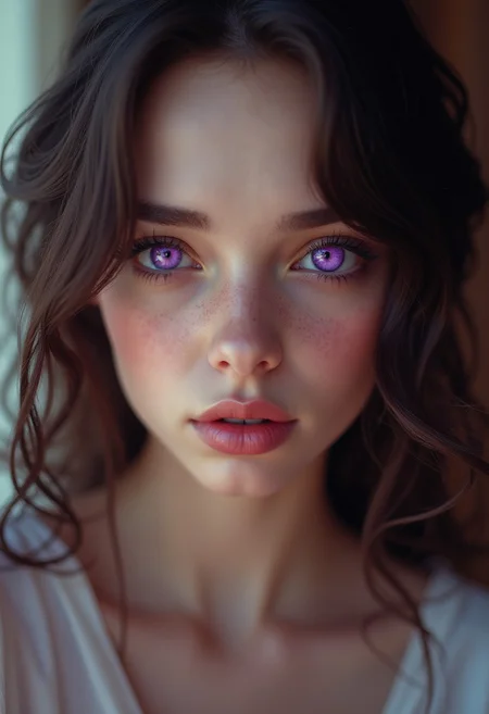 hyperrealistic digital painting by Stanley Artgerm and Jeremiah Ketner, shallow depth of field, bokeh, incredibly detailed, real, photshoot, woman with purple eyes