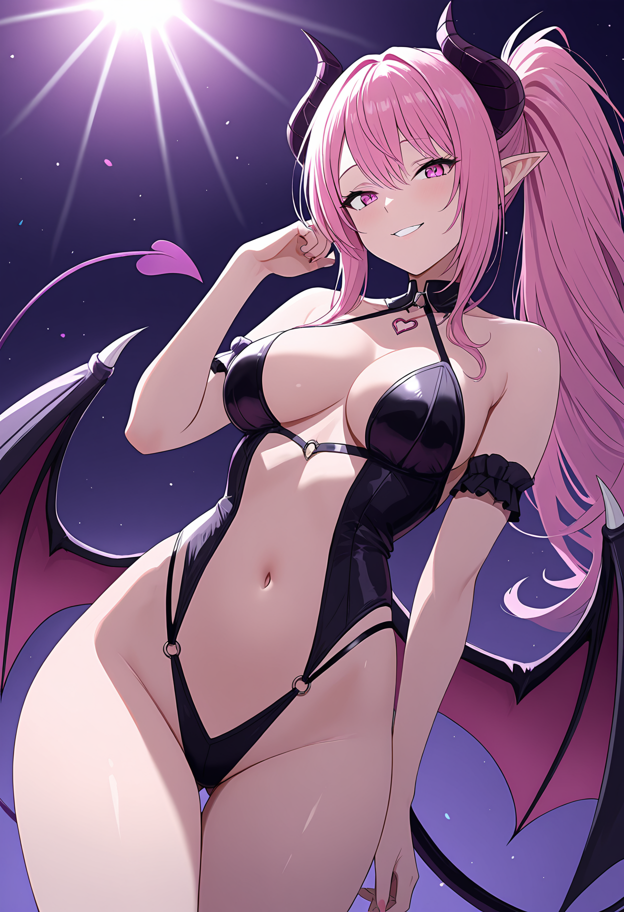 score_9, score_8_up, score_7_up, score_6_up, dynamic, (anime, masterpiece), best quality, (8k), detailed background, sharp focus, intricate, ambient lighting, super high quality, hyper detailed background, cinematic lighting, adult, double tone long pastel pink hair, medium breasts, sexy look, barely clothed, daemon skin, demon girl, demon wings, demon tail, devious, seductive, demon, alluring, posing, smiling deviously,  <lora:CatgirlStyle_v2-000012:1>, CatGirlStyle