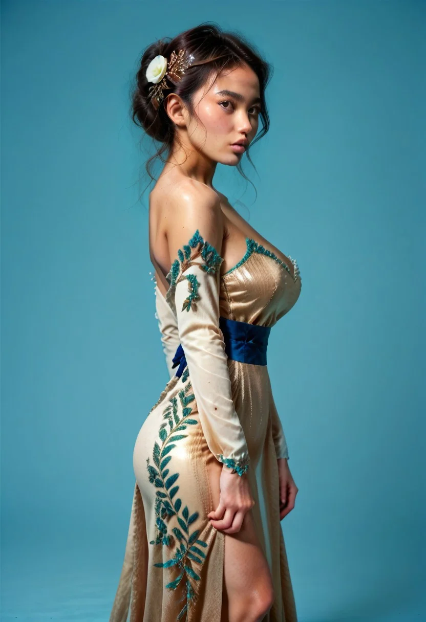 score_9, score_8_up, score_7_up,
JDMAI_ARIEL_SARI, JDMAI_KEBAYA, pureerosface_v1, tight long kebaya dress, long sleeves, deep neckline, bare shoulders, flower hairpin, decorated sash, brocade decoration, sequin decoration,
(dynamic lighting), (dynamic shadow), 4k, HD, Hi res, cinematic masterpiece, photographic masterpiece,
contrapposto pose, upper body, side view,
natural make-up, glossy lips, 40GG cup Breasts, massive breasts size, natural breasts shape, narrow waist, wide hips, round ass, thick thighs, thigh gap, barefoot,
(simple turquoise background), (blurry background), (sharp focus on object),