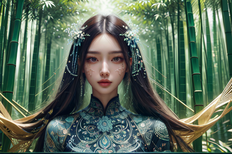 highly insanely detailed, masterpiece, top quality, best quality, highres, 4k, 8k, RAW photo, (very aesthetic, beautiful and aesthetic),  
(code_style,codestyle),(sympattern,geometric pattern),vibrant,Doodle,symbolic patterns, 
<lora:CodeStyle (half generic class)_564920:0.8>, 
(1girl:1.3), 1other, 
Intricately Detailed Cinematic Bamboo forest,âââ