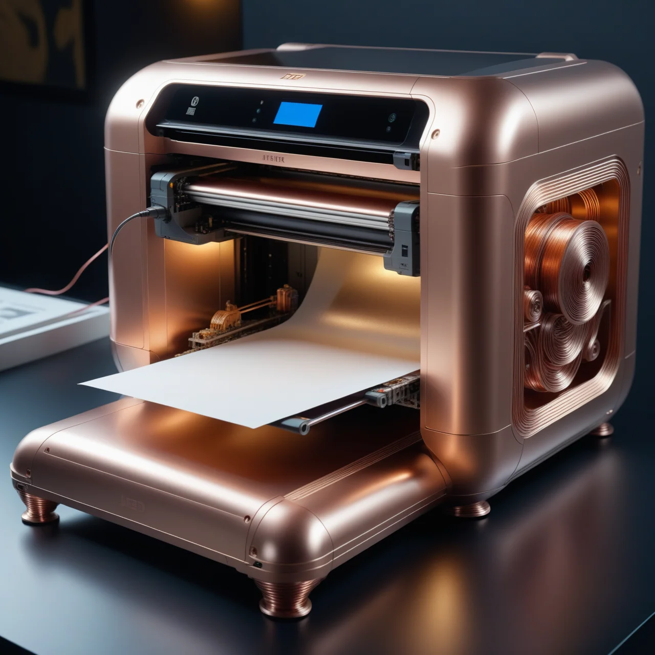 a printer made out of Jed-ANC, masterpiece, full of details, ambient light, sharp and in focus, <lora:ArtNouveauCopperStyle:0.7>