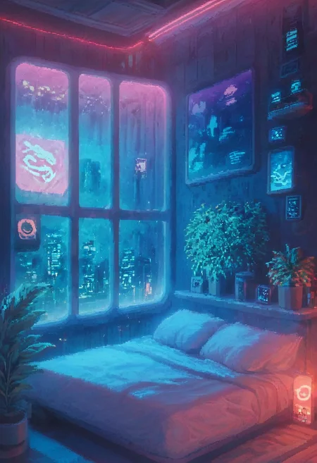 score_9,score_8_up,score_7_up,score_6_up, pixelart,pixel,
steaming coffee cup on windowsill, plants on the windowsill, wall of plants, monstera plant, large plant, tidy bedrrom, small room, cramped bedroom, teddies on the bed, cyberpunk city view out of the window, neon light, purple neon lights,