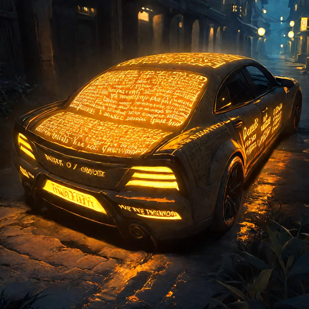 a car with glowing ancient text texture at night,masterpiece
 <lora:glowing_letters_xl:0.8>