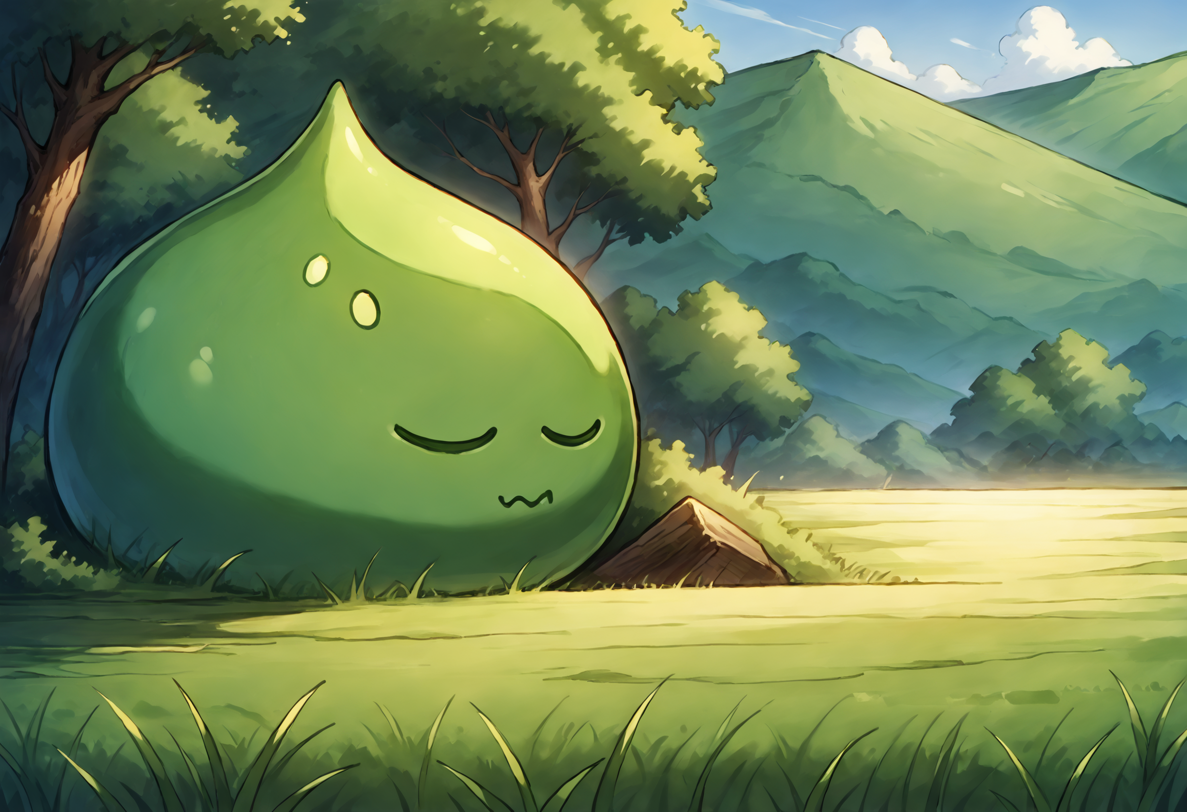 score_9,score_8_up,score_7_up,best quality,masterpiece,super detailed,extreme detailed,full_body,zPDXL BREAK nature,field,
<lora:Pony_DetailV2.0:1>,slime knight,slime_(dragon_quest),armor,helmet,knight,<lora:slime knight-v2:0.7>,sleeping,