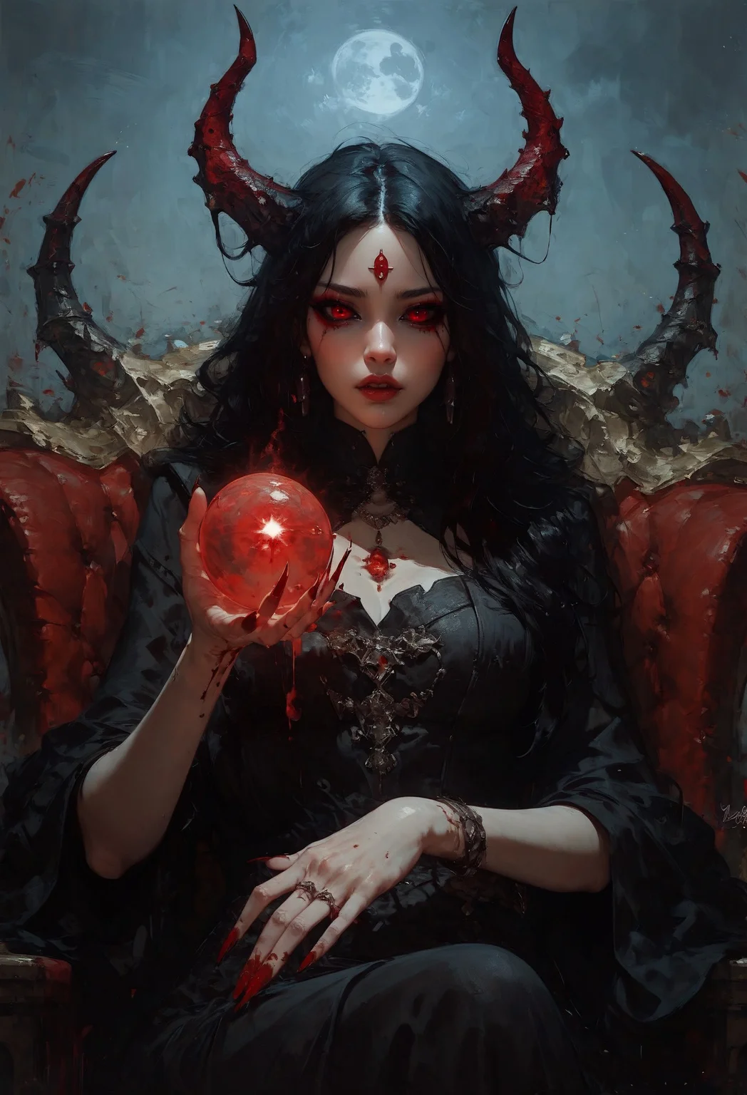 score_9, score_8_up, score_7_up, solo, a gorgeous japanese girl, ominous, glowing bright red eyes, red pupils, huge demon horns, adorned horns, black sclera, pale skin, black eyeshadow, thick red eyeliner, red lipstick, thick eyelashes, black hair, bloody hands, dark red gemstone in forehead, jewelry, wearing a black kimono, long fingernails, black background, sitting on a throne, large glowing moon behind the character, drapery dress, dark red cloak, looking down at the viewer, holding black glowing orb, mysterious <lora:pony/twilight_style:0.8> <lora:pony/expressiveh:0.8> expressiveh <lora:pony/vixon_gothic_oil_style:0.7> d4rk01l