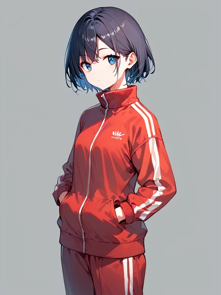 score_9, score_8_up, score_7_up,source_anime, high res image,masterpiece,best quality,(girl:1.2),cute face,clear skin,shiny hair,ultra detailed eyes,simple background, <lora:tracksuits_pony_V1.0:1> tracksuits, pants