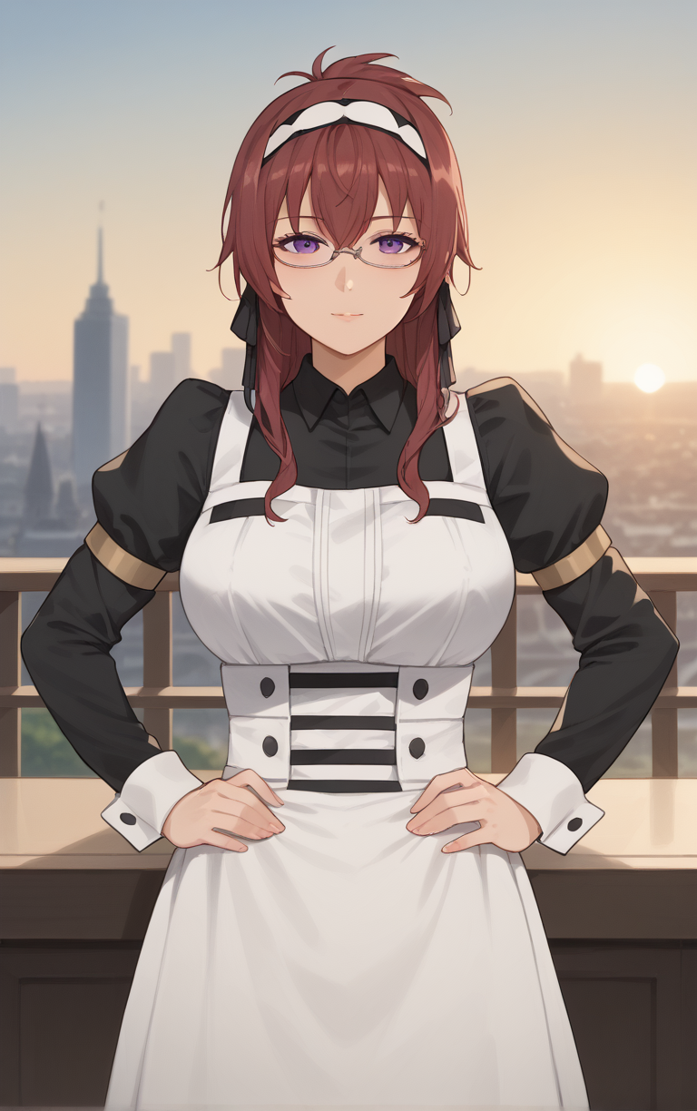 score_9, score_8_up, score_7_up, BREAK 
MaidOutfit_LiliaGreyrat_ownwaifu, 
1girl, folded ponytail, glasses, hair between eyes, hairband, long hair, purple eyes, red hair, semi-rimless eyewear, sidelocks, under-rim eyewear, white hairband, bangs, hair ribbon, large breasts, mature female,
black dress, collared shirt, juliet sleeves, long dress, puffy sleeves, white apron, long sleeves, maid, maid apron, black ribbon, black sleeves,
(contrapposto, hand on hip), sunset, sidelighting, cityscape, vanishing point, outdoors, <lora:PONYXL_MushokuTensei_LiliaGreyrat_ownwaifu:1> , depth of field, solo,