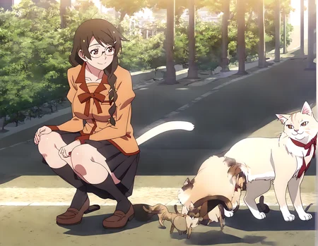 <lora:pony_xl_hanekawa>,hanekawa,score_9,source_anime,best quality,masterpiece,super fine illustration,1girl,solo,cowboy_shot,ribbon,naoetsu_high_school_uniform,school uniform,puffy long sleeves,black skirt,pleated skirt,black socks,kneehighs,brown footwear,collarbone,:3,smile,gentle smile,kind_smile,cat mouth,city,cityscape,park,shining sunlight,hair_flaps,one cat,cat,look at the cat,squatting,the girl is looking at the cat,the cat is looking at the girl,